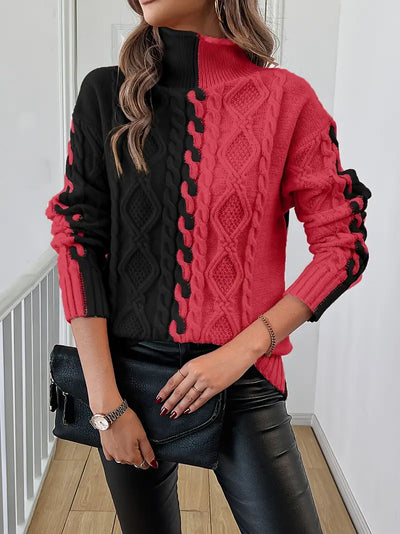 LEOVIA | Elegancki Sweter w Paski z Wysokim Kołnierzem