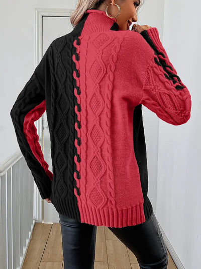 LEOVIA | Elegancki Sweter w Paski z Wysokim Kołnierzem