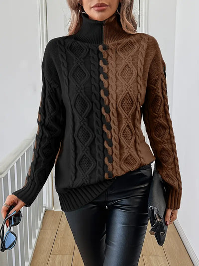 LEOVIA | Elegancki Sweter w Paski z Wysokim Kołnierzem